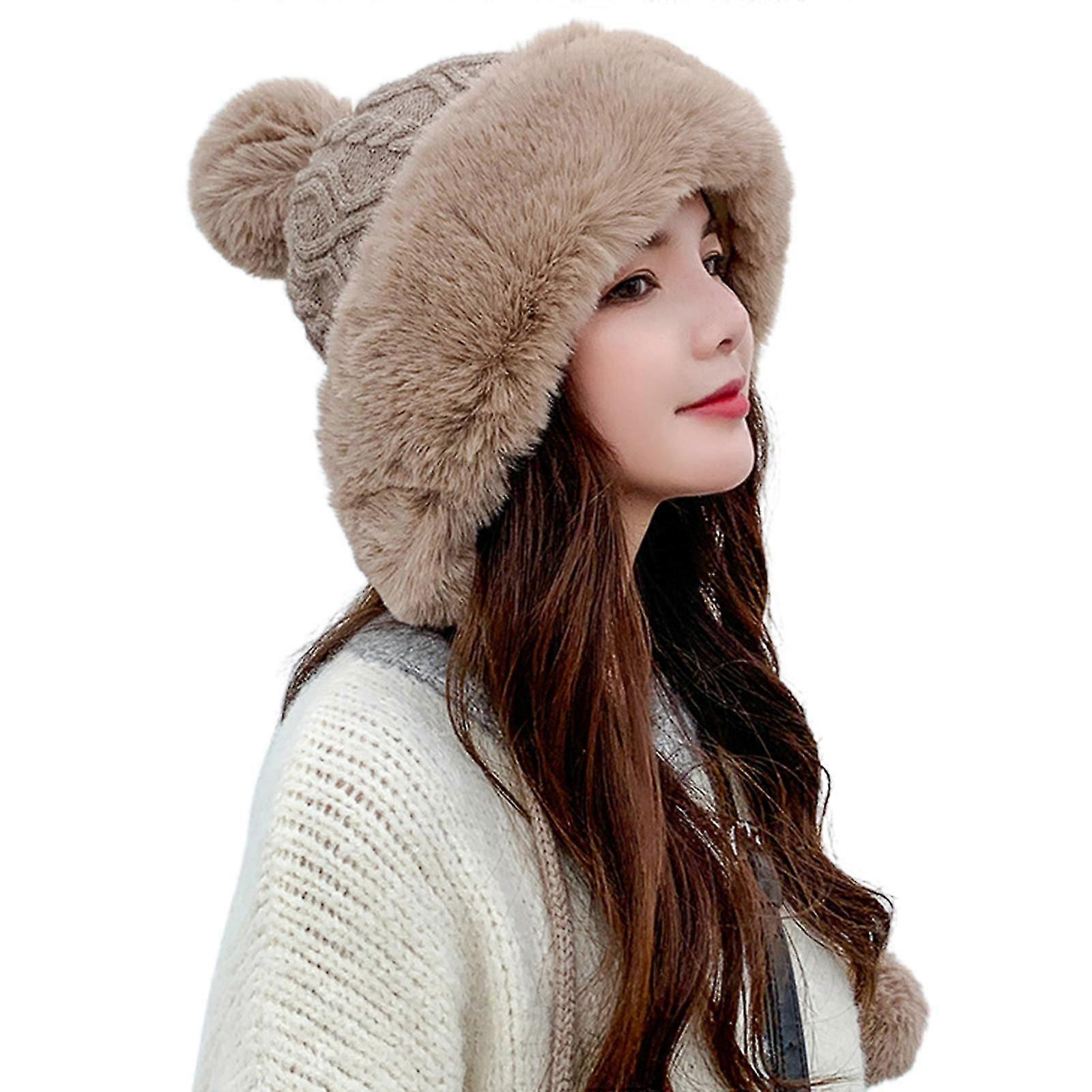 Thick Cable Knit Pompom Earflaps Cap Cold Weather Windproof Furry Trapper Hat