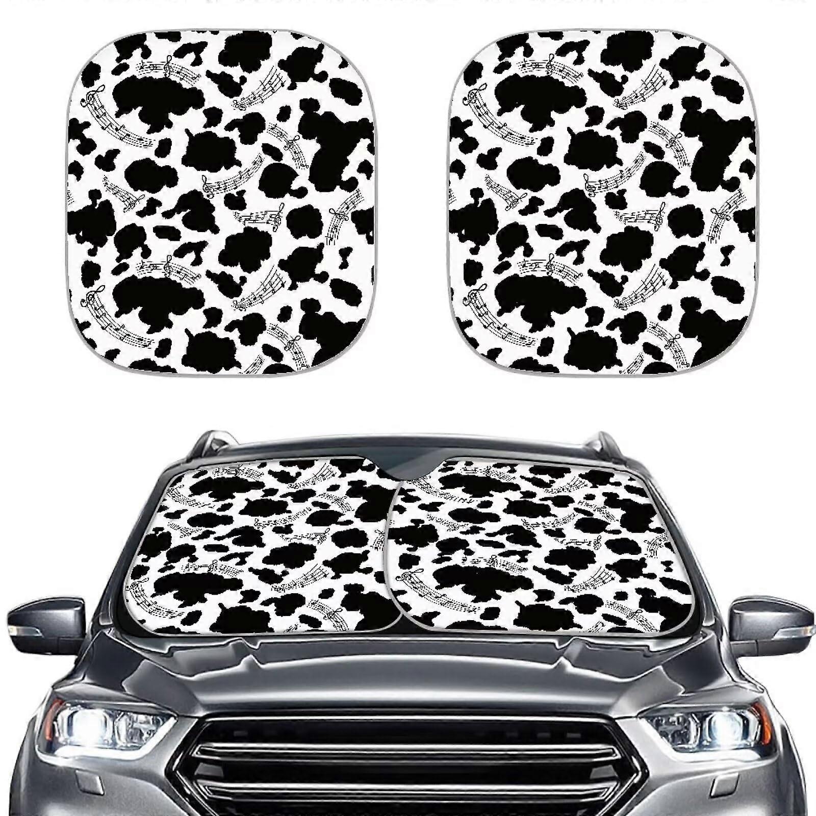 Car Sunshades for Side Windows Reflective Polyester Blocks Heat and Sun Fit Most Vehicle, Cow Spot Note Pattern 2Piece Automotive Car Window Shade