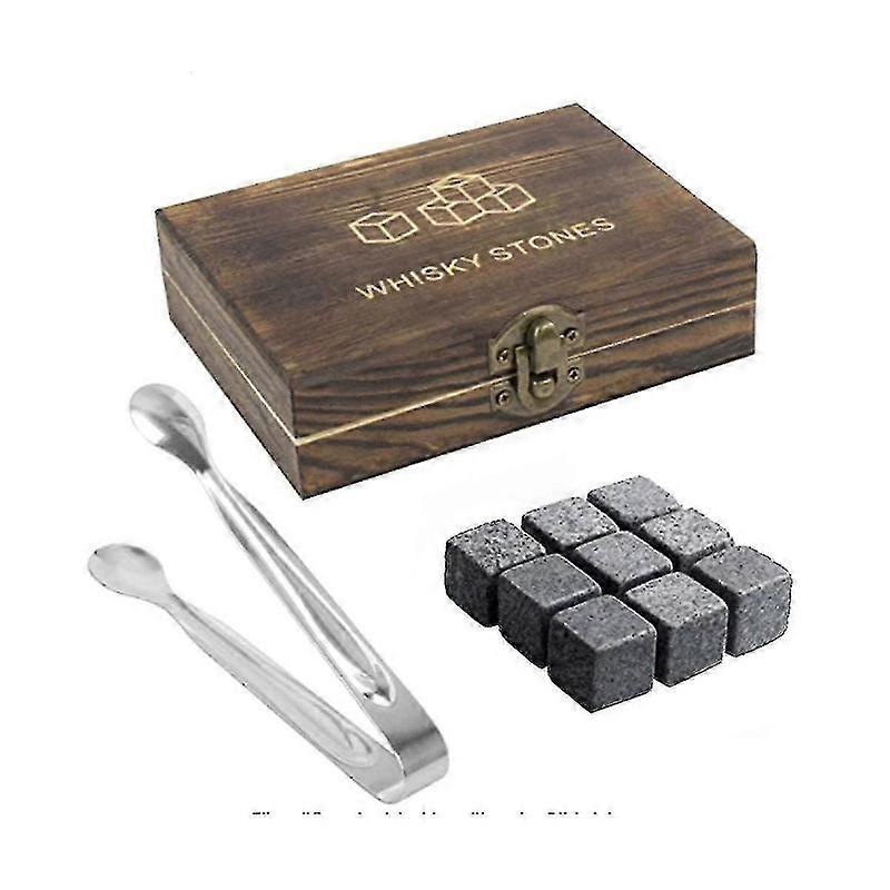 Whiskey Set 9 Granite Whiskey Rocks With Wooden Box Reusable Cooling Ice Cubes--As Shown