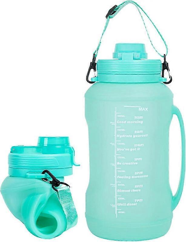 2L / 64OZ折りたたみ式シリコンウォーターボトル、ストロー漏れ防止折りたたみ式トラベルスポーツボトル防塵-シアン