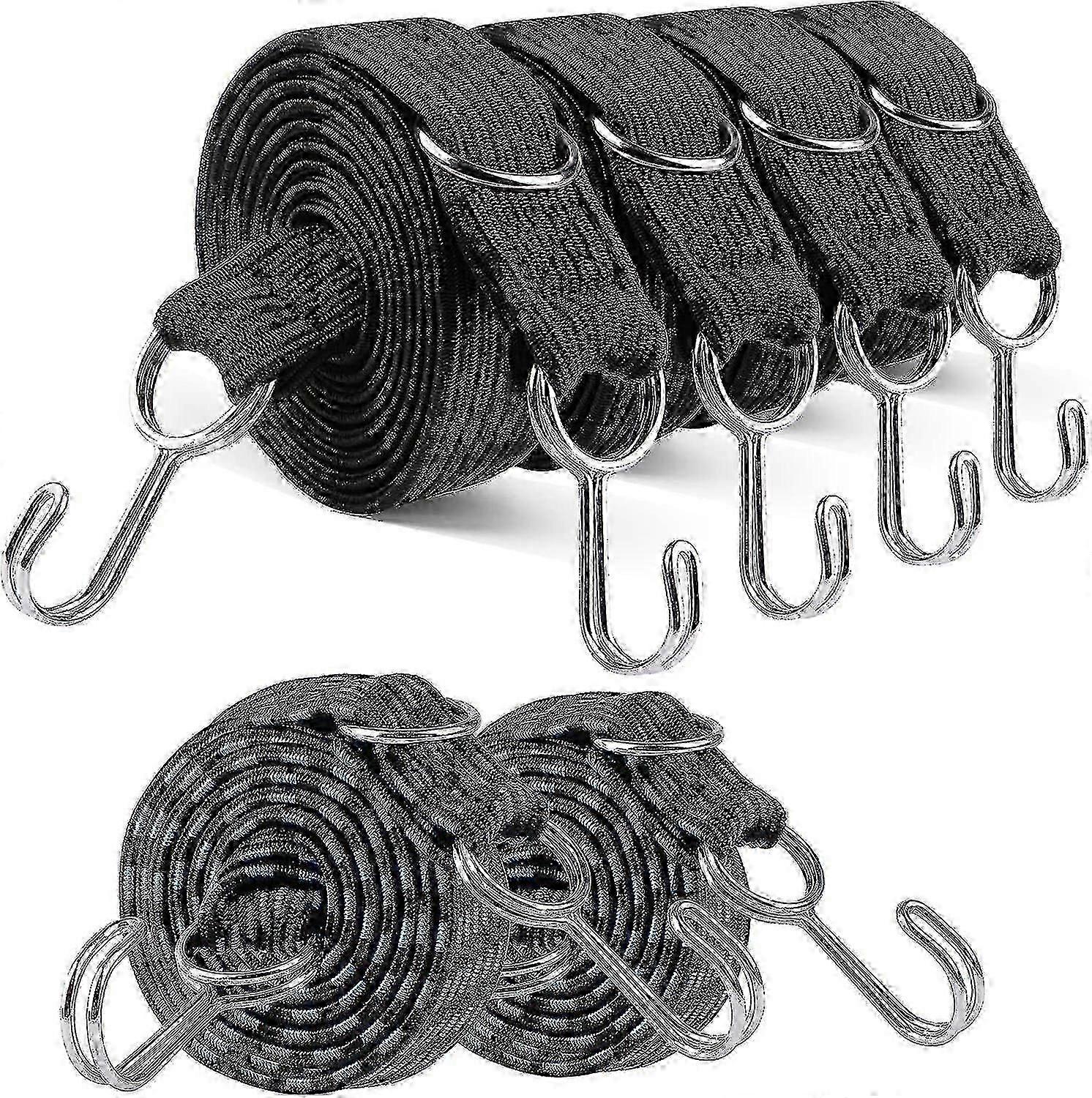 Set Of 6 Bungee Cords With Hooks, 4 Extra Long Elastic Straps And 2 Blue Elastic Cords Of 2m