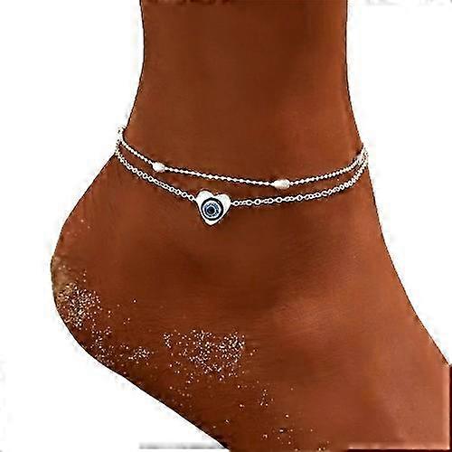ボヘミアトルコの邪悪な青い目愛のハートペンダントアンクレット女性のための二重層悪魔の目の足首のブレスレット夏のビーチジュエリー2025