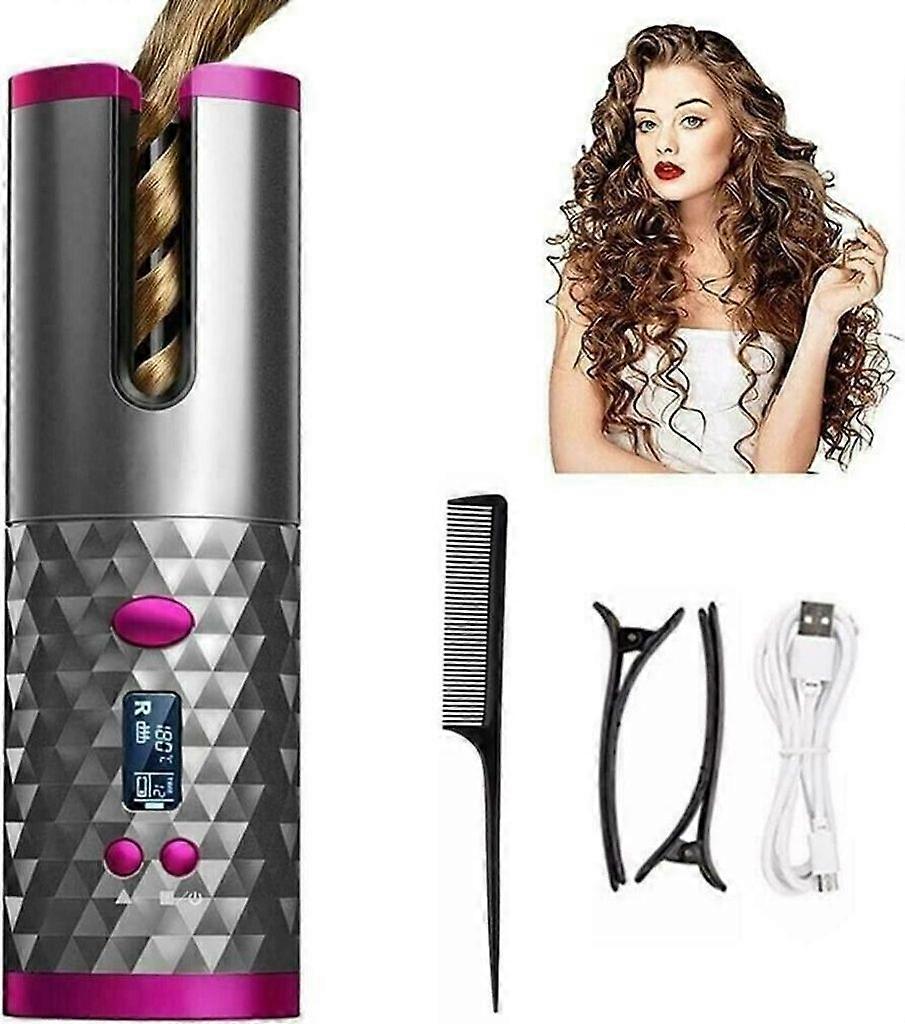 Curling Irons Cordless Automatic Rotating Curler LCD Curling Iron Wireless Ceramic (Gray)