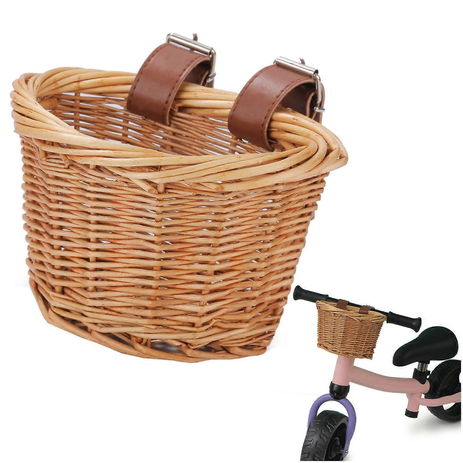 Children's Bicycle Basket Front Rattan Handlebar Basket for Kids with 2 Adjustable Leather Straps, 5 kg Capacity