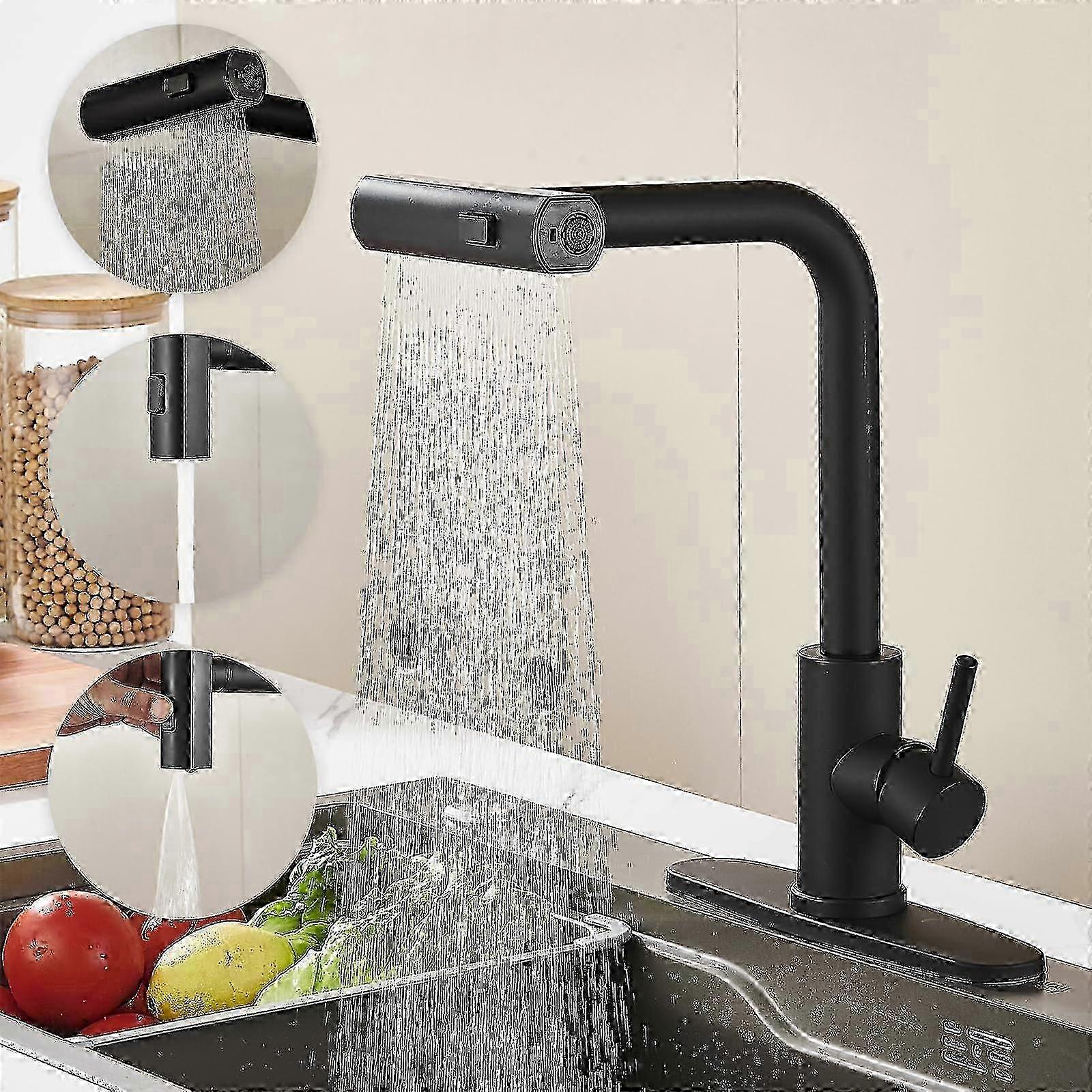Modern single handle kitchen sink faucet with pull down sprayer and waterfall touch, suitable for various brands