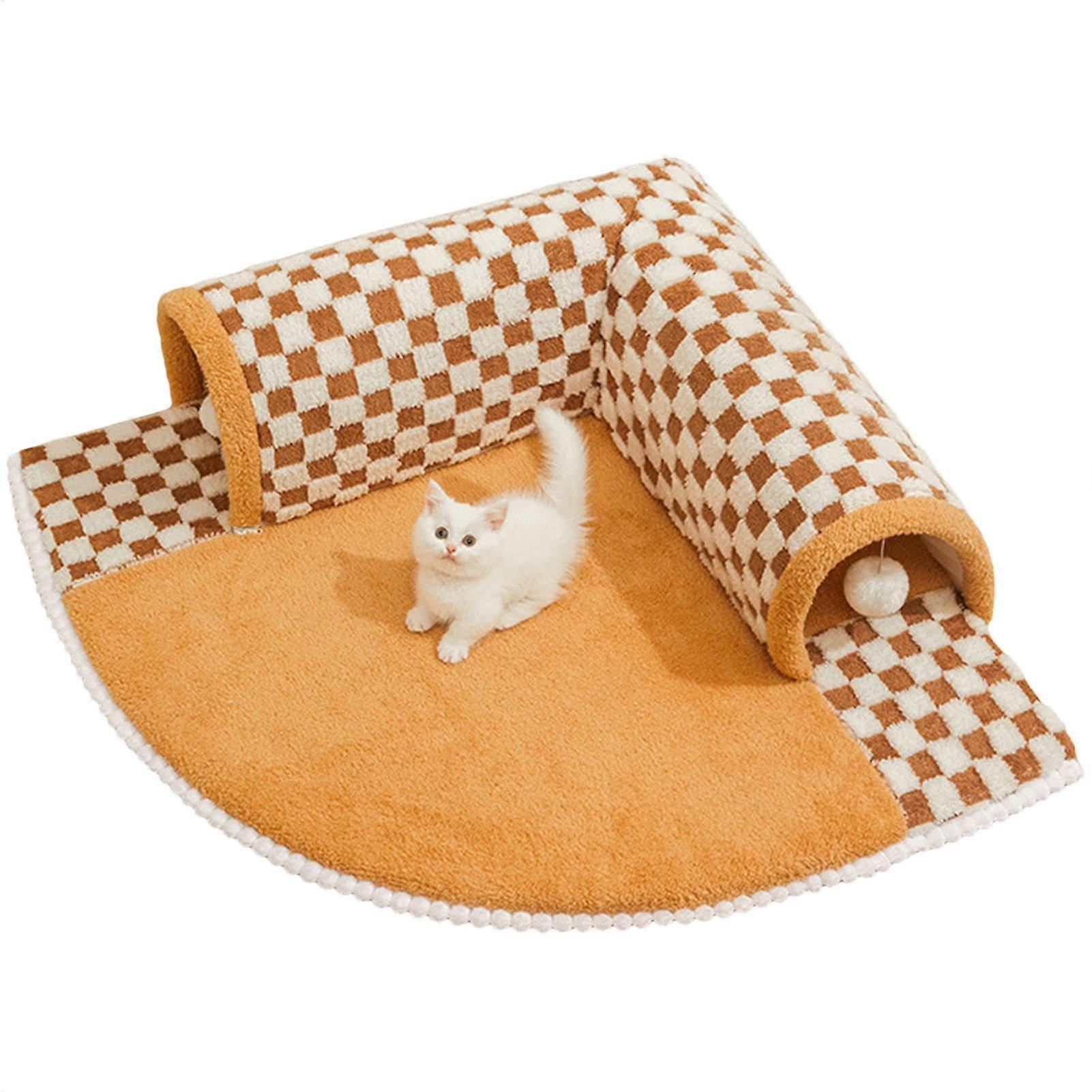 Tunnel Cat Rug  2in1 Cat Tunnel Bed for House Cats, Checked Cat Tunnel Bed with Plush Ball for Ferrets, Puppies, Kittens, Rabbits, Cats