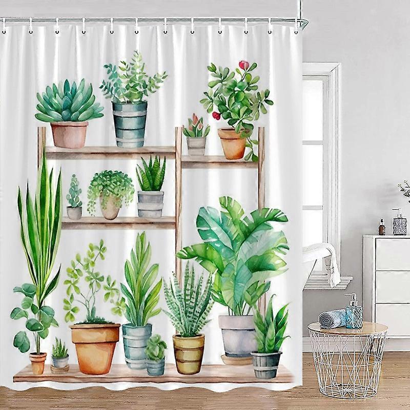 植物シャワーカーテン猫緑の鉢植えの植物はトイレに猫を叶えますモダンなバスルームの装飾ポリエステルファブリックバスタブカーテン、220x180cm-86x70in~07971