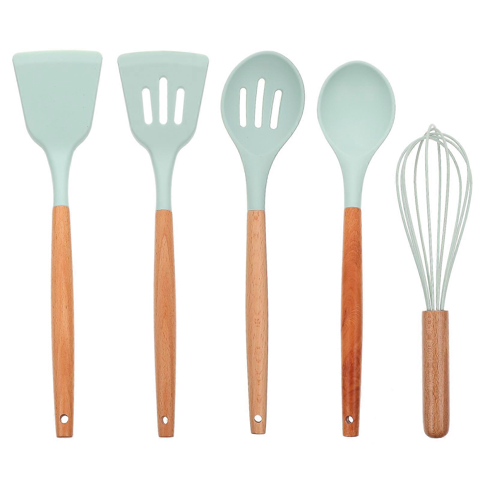 Green Silicone Cooking Utensils 5pcs Set for Home Use Easy Storage and Non-stick Coating