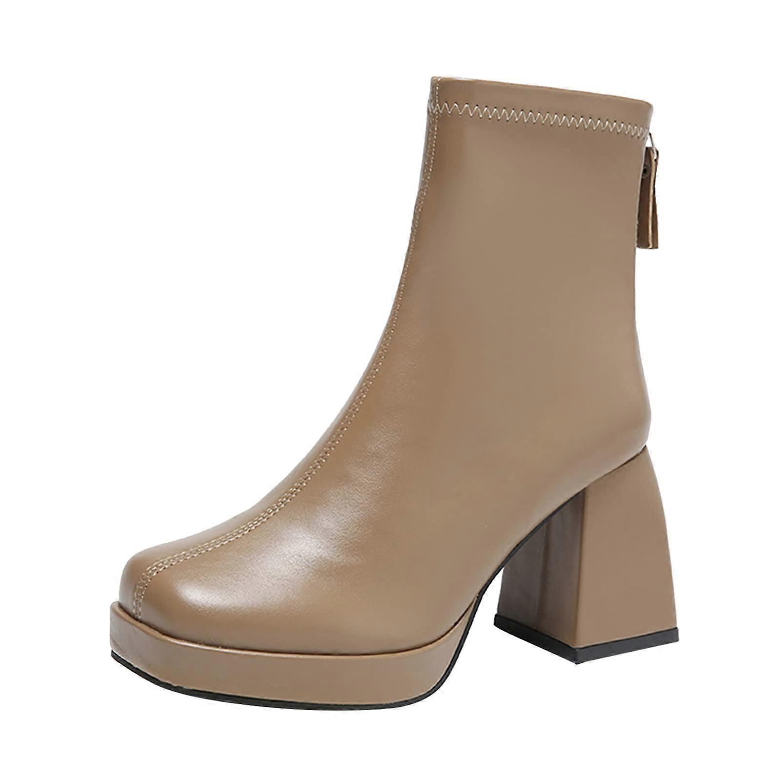 Plain Back Zipper Square Toe Chunky  Heel Booties Women Warm, khaki