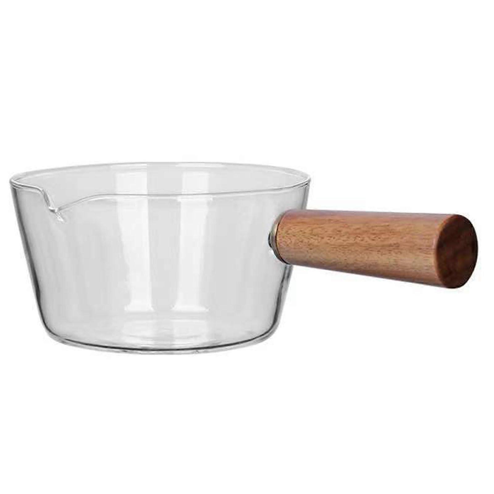 Wooden Handle Glass Milk Pot With V-Shaped Spout 400ml Induction Compatible Pot For Milk Butter Warmer Pasta Soup