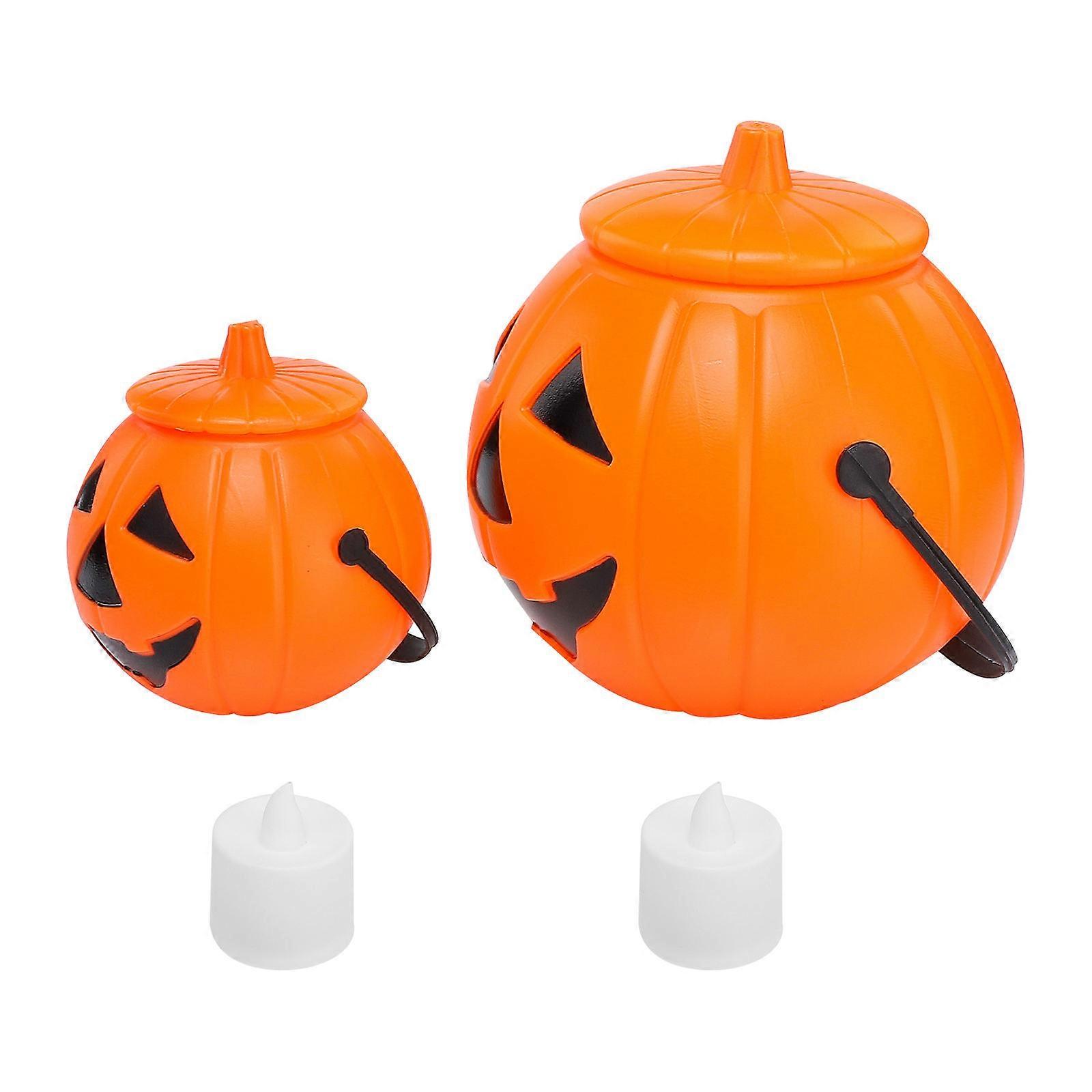 Halloween Illuminated Pumpkin Buckets Perfect For Home Decoration 16x12cm Practical Performance Props Featuring Orange Color 2 Sets