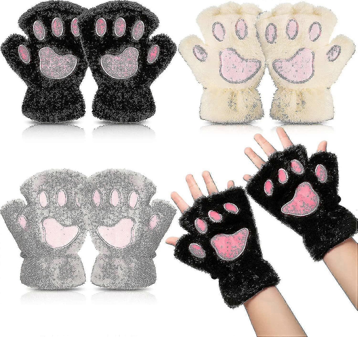 Cat Paw Half-Finger Gloves, 3 Pairs in 3 Colors, Coral Fleece with Hanging Rope Design