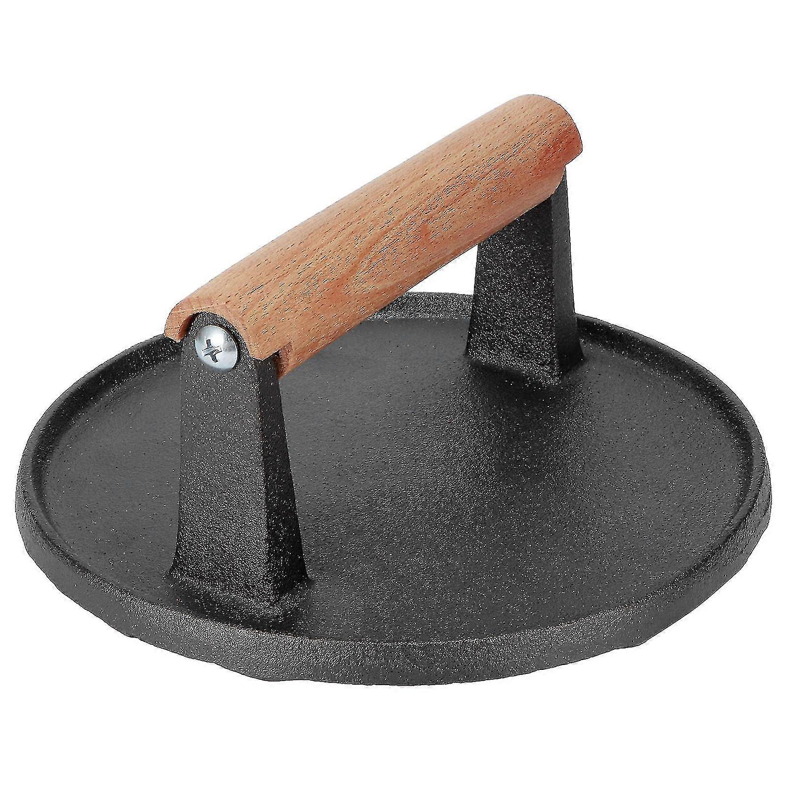Cast iron steak press with solid wood handle, easy to clean, reduce fat, enhance flavor and add texture