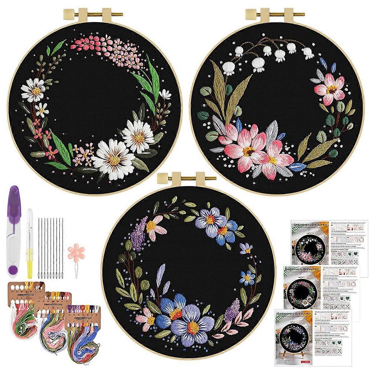 3 Pack Embroidery Kit, Floral - Set for Beginners Include Embroidery Cloth Hoops Threads