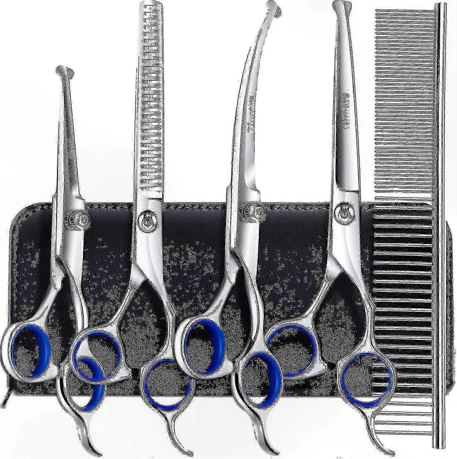 Pet Grooming Scissors Set, 6-in-1 Round Tip Safety Shears, Durable Titanium Coated Stainless Steel Clippers for Dogs & Cats