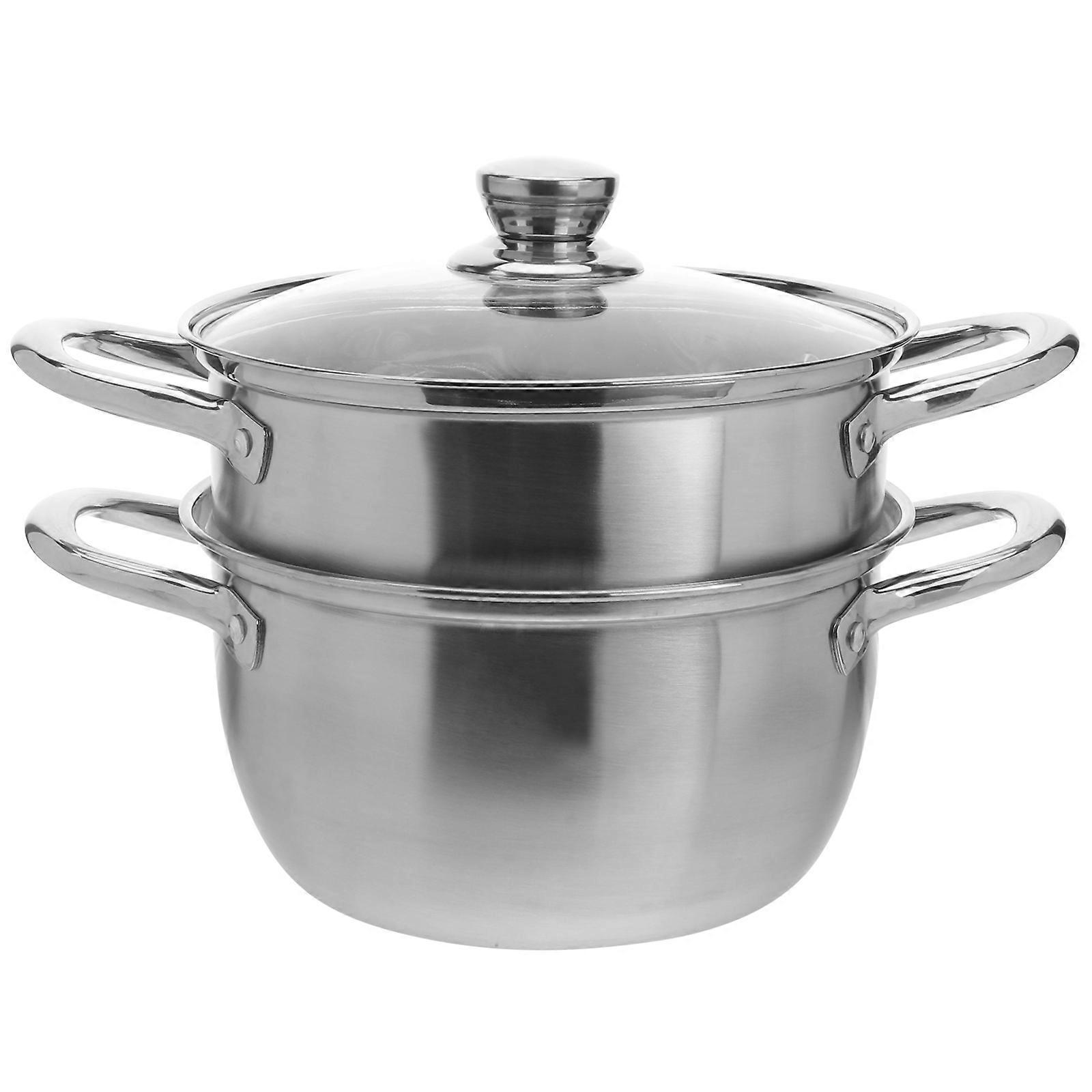 Silver Stainless Steel Double-Layered Steamer Pot for Kitchen Use 2Pcs