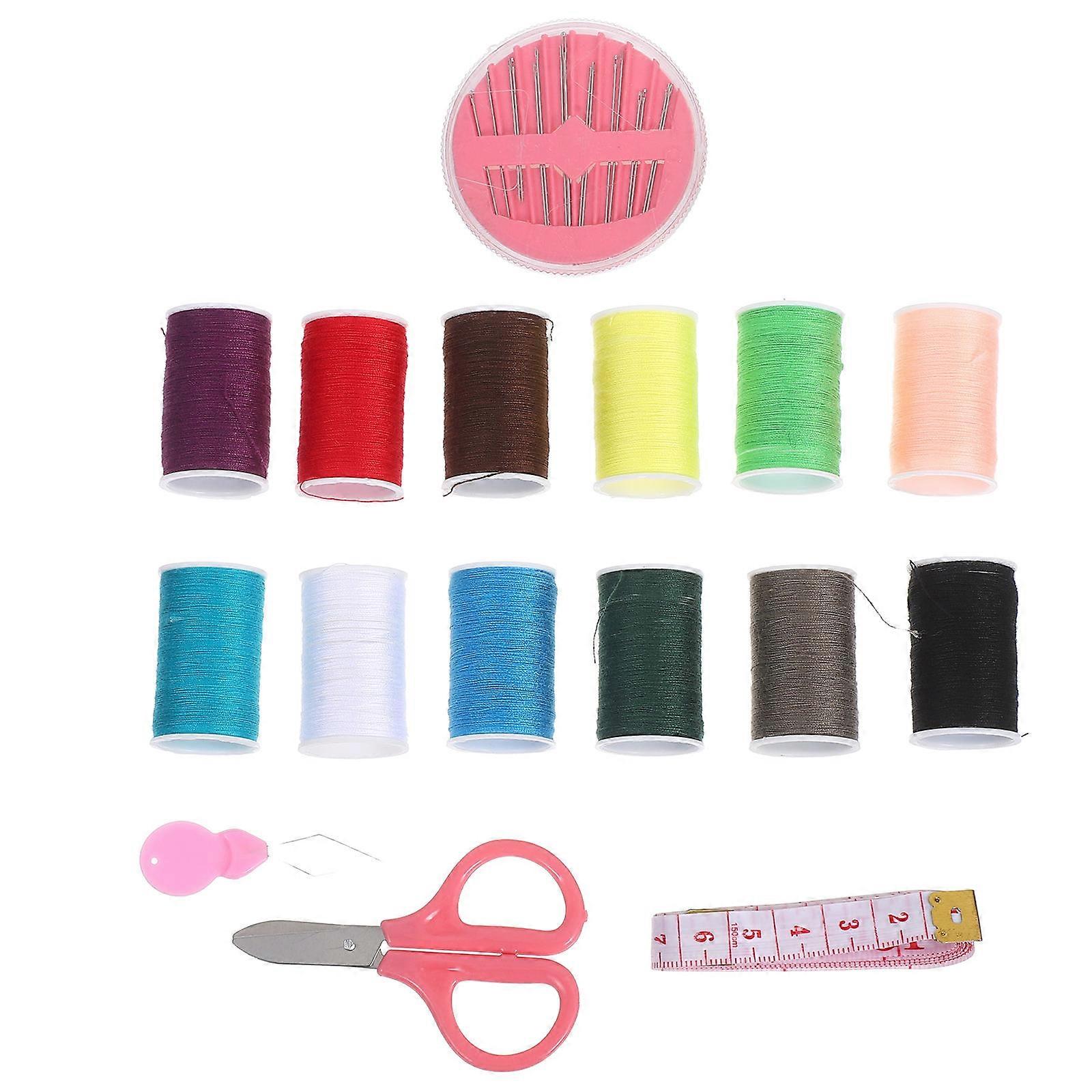 Portable Sewing Thread Kit Round Iron Sewing Needle Kit 2Sets Pink