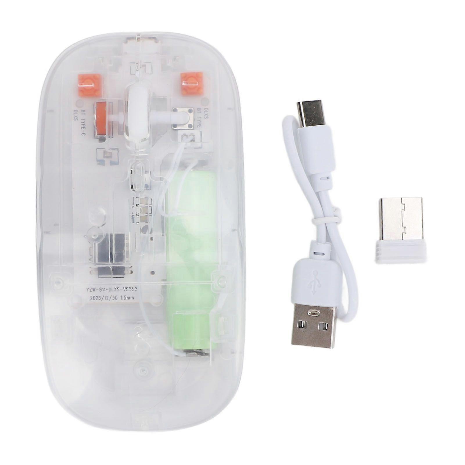 Transparent Wireless Bluetooth Mouse with USB Receiver 2.4G 3 Adjustable DPI Computer Mouse for PC Transparent White