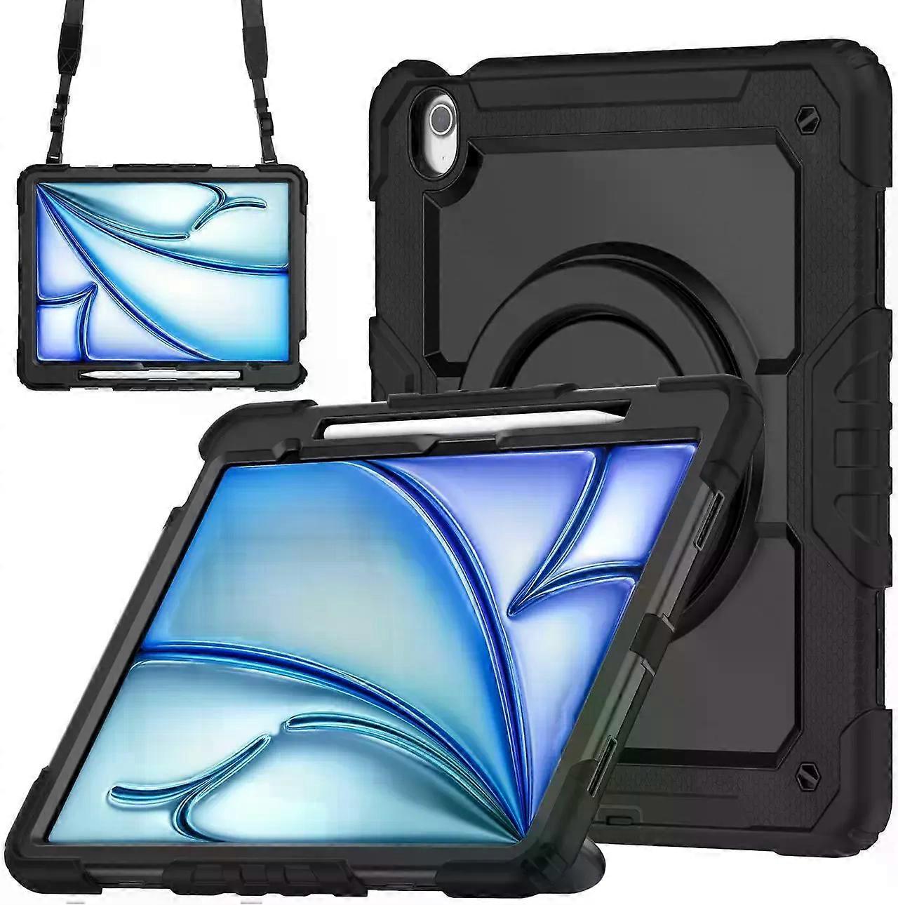 Case for iPad Air 13 inch M3 2025 / M2 2024 with Built-in Screen Protector, 360 Rotating Stand, Pencil Holder, Adjustable Shoulder Strap, Pencil Holde