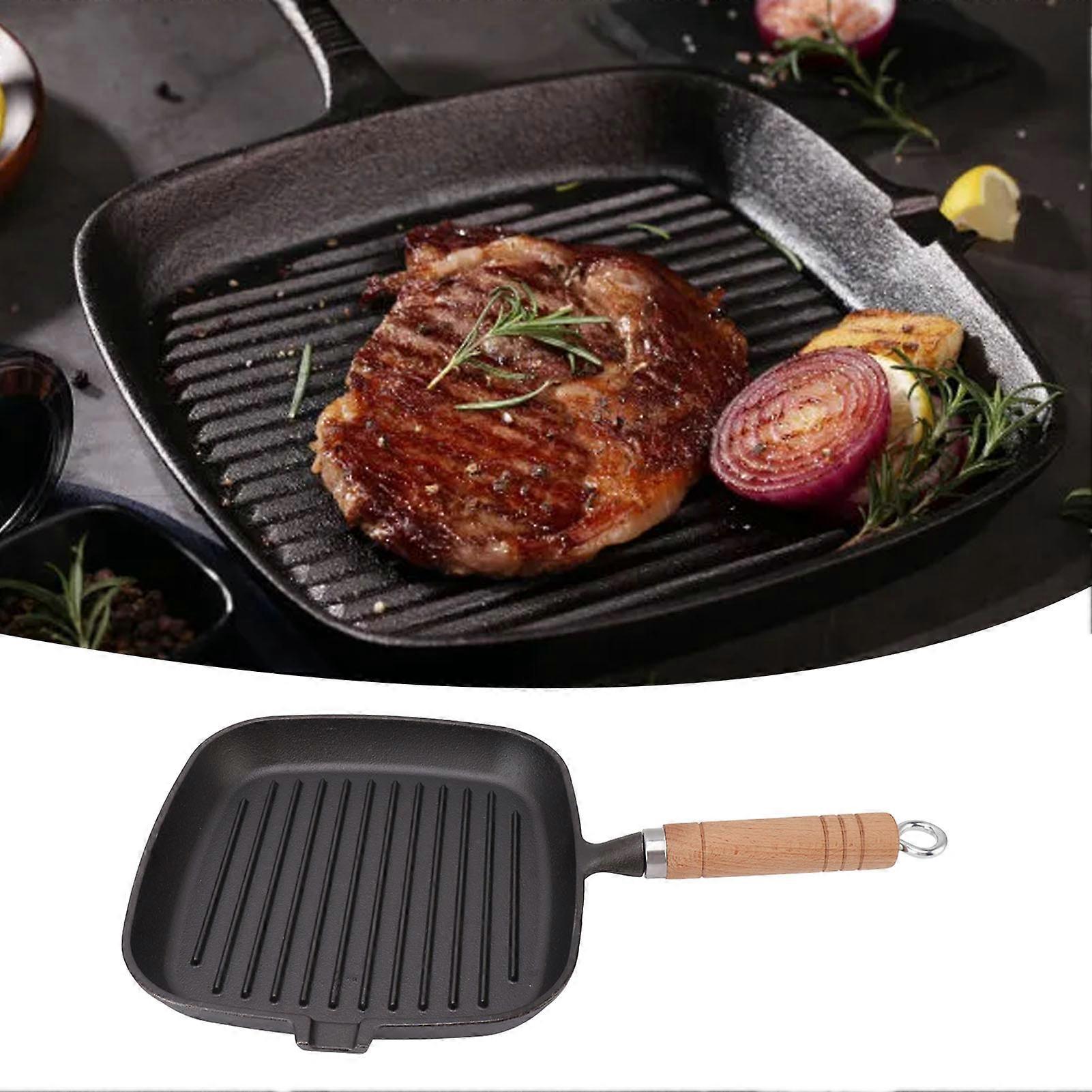 Cast Iron Skillet with Wooden Handle Square Uncoated Nonstick Cast Iron Grill Pan for Meats Steak Fish 