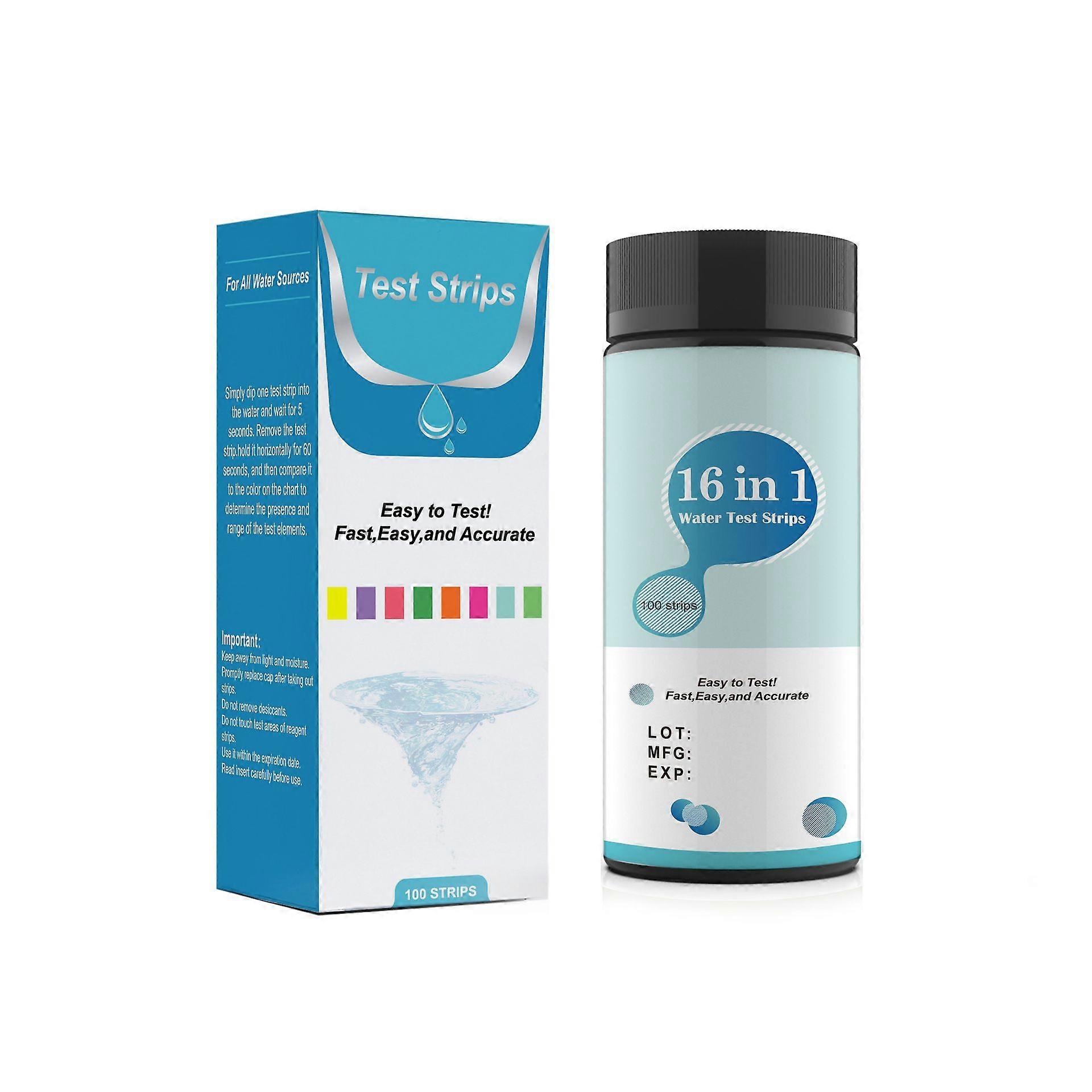 16-in-1 water quality test strips for testing pool, bathtub, and pond water.