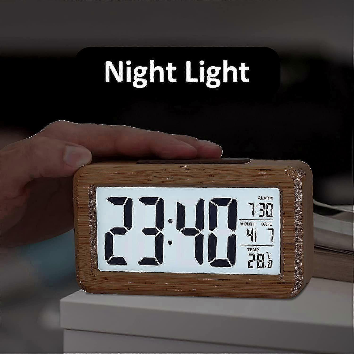 Wooden Digital Alarm Clock,LED Display Wood Grain Alarm Clock,Smart Sensor Night Light 2025