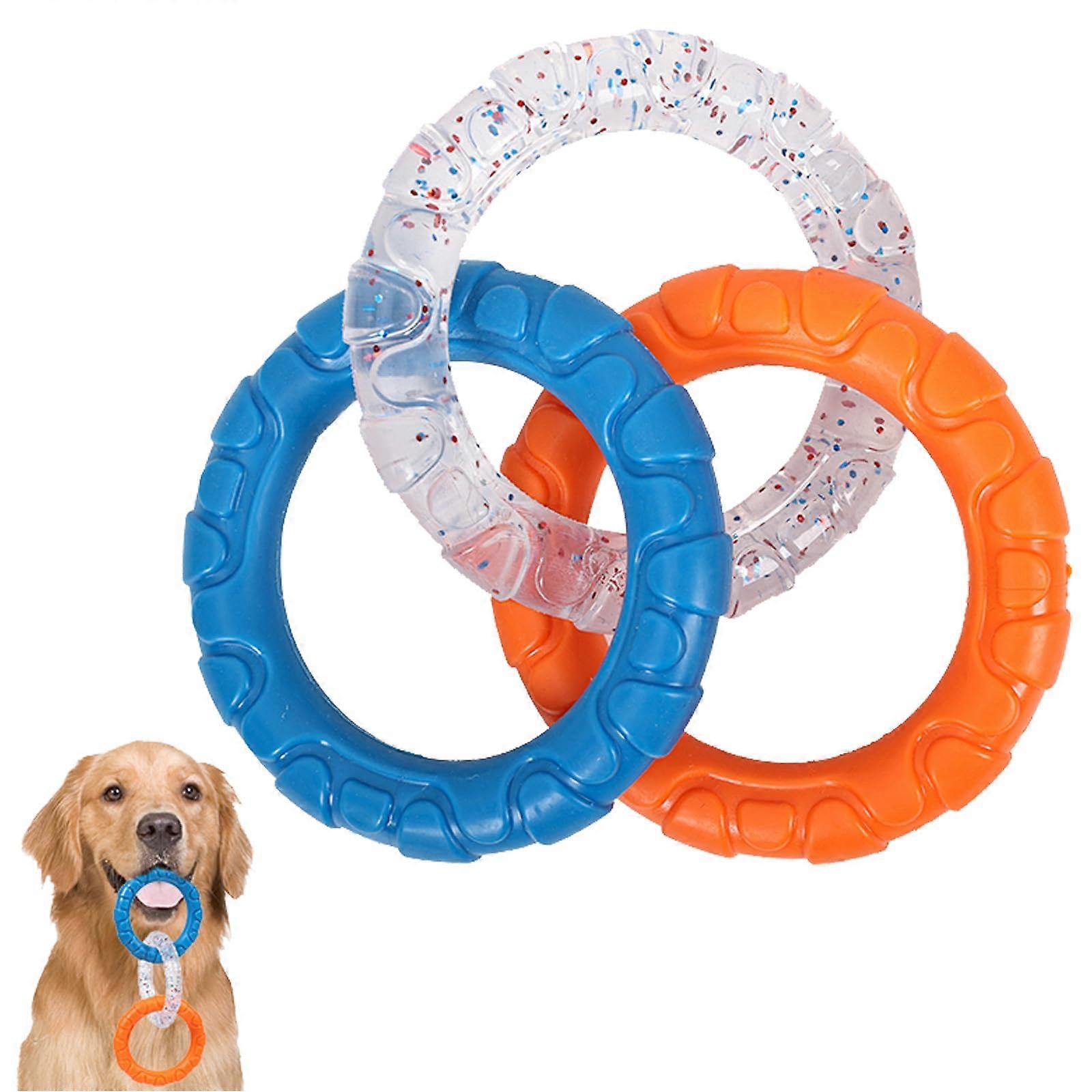 Rubber Dog Chew Toy 3Ring Tug for Aggressive Chewers, Teeth Cleaning Training, Outdoor Play for Small Medium Large Dogs Blue