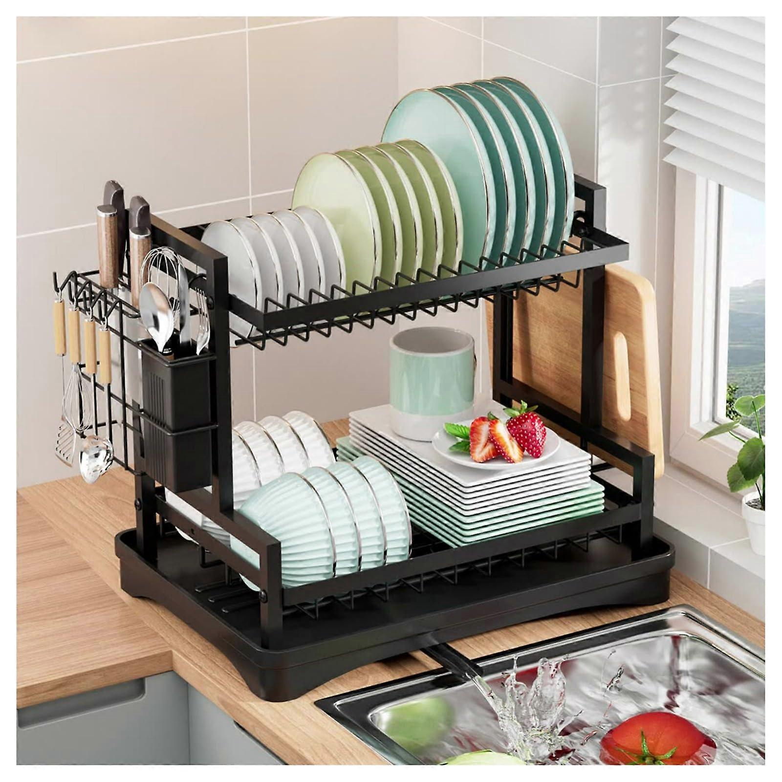 2 Tier Dish Drying Rack with Utensil Holder, Large Capacity Rust Resistant Drainer with Drainboard