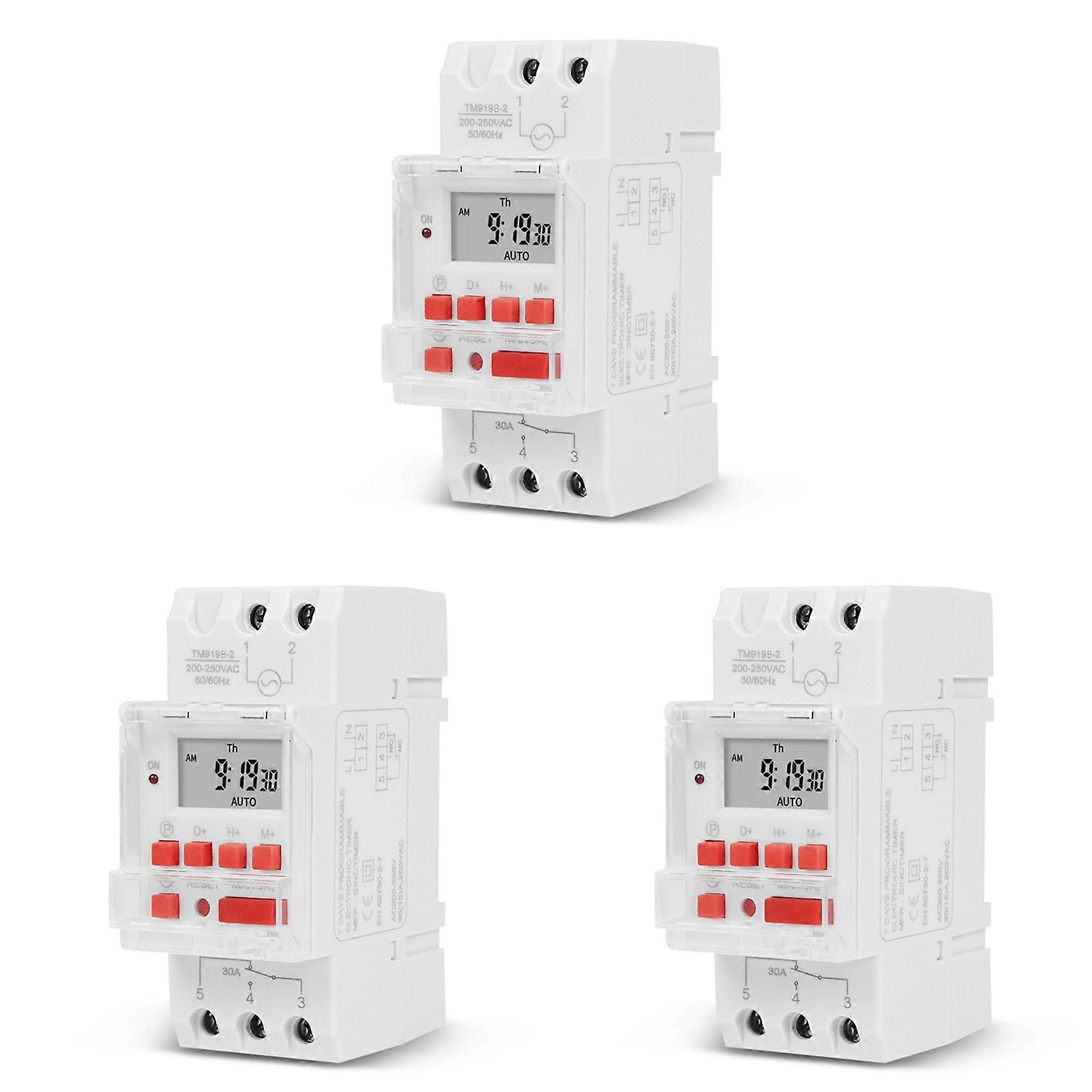 3X SINOTIMER TM919B 220V 30A Programmable Digital Timer Switch DIN Automatic Cycle Timing Controller for Lights,Fans