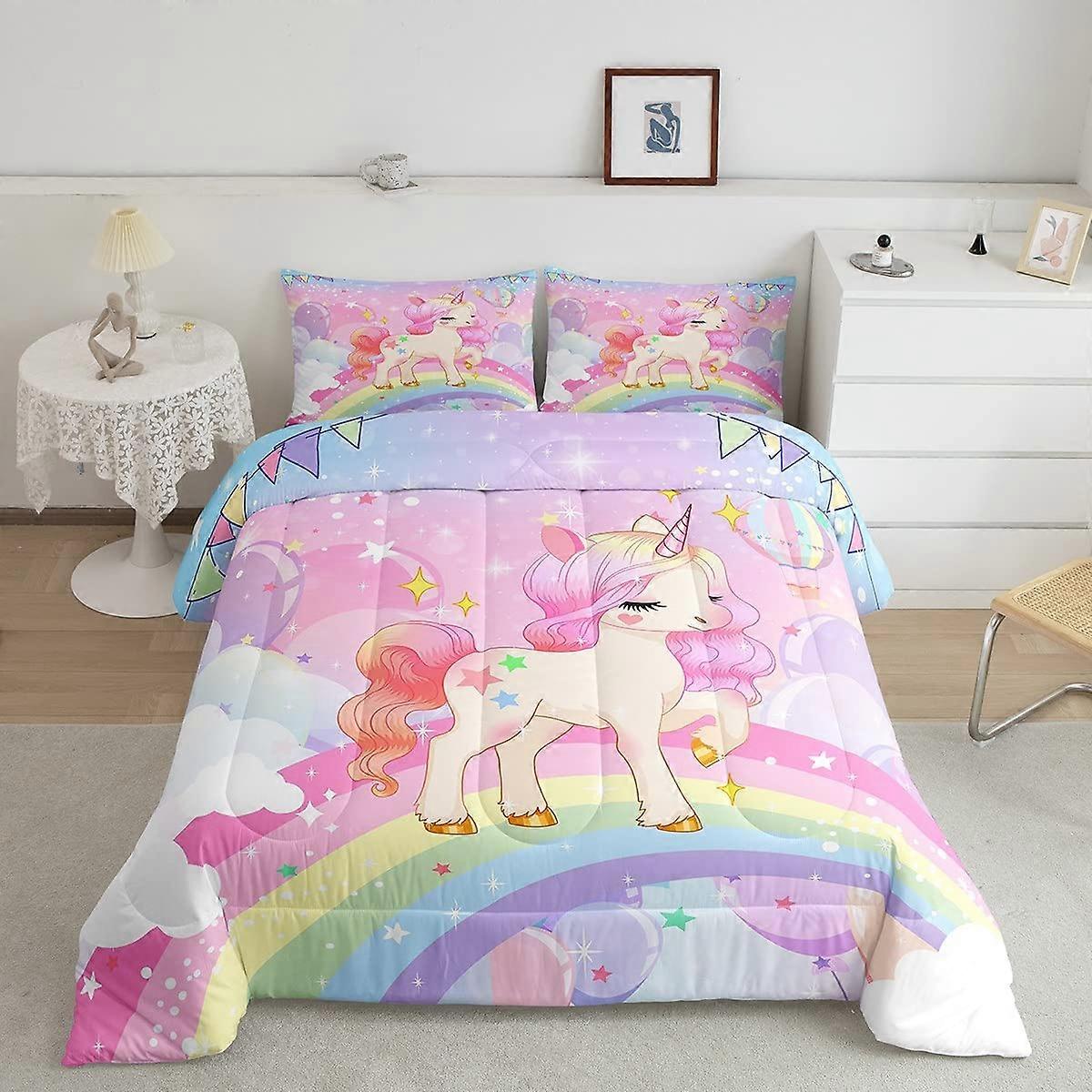 Unicorn Toddler Bedding Set with Pink Rainbow Design, Soft Breathable Fabric, Reversible Patterns