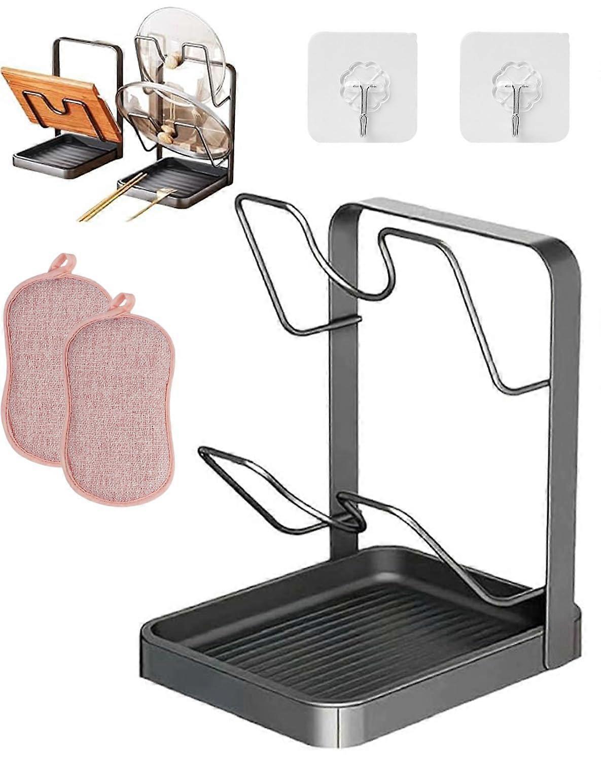 Pot Lid Holder with Removable Drip Tray, RustResistant Vertical Kitchen Lid Organizer Black