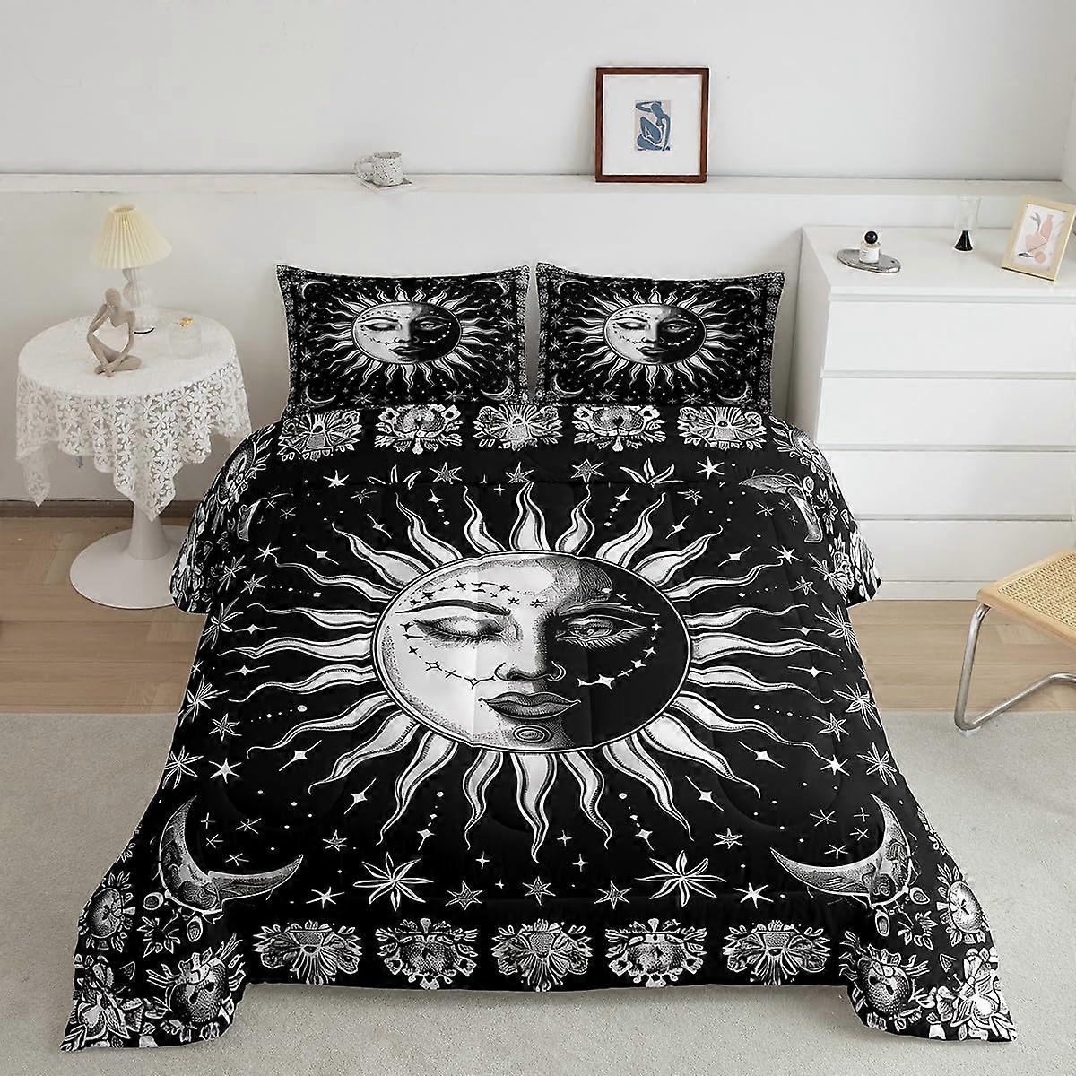 Boho Comforter Set Queen Size Galaxy Sun Moon Design with Pillowcases Soft Breathable Microfiber