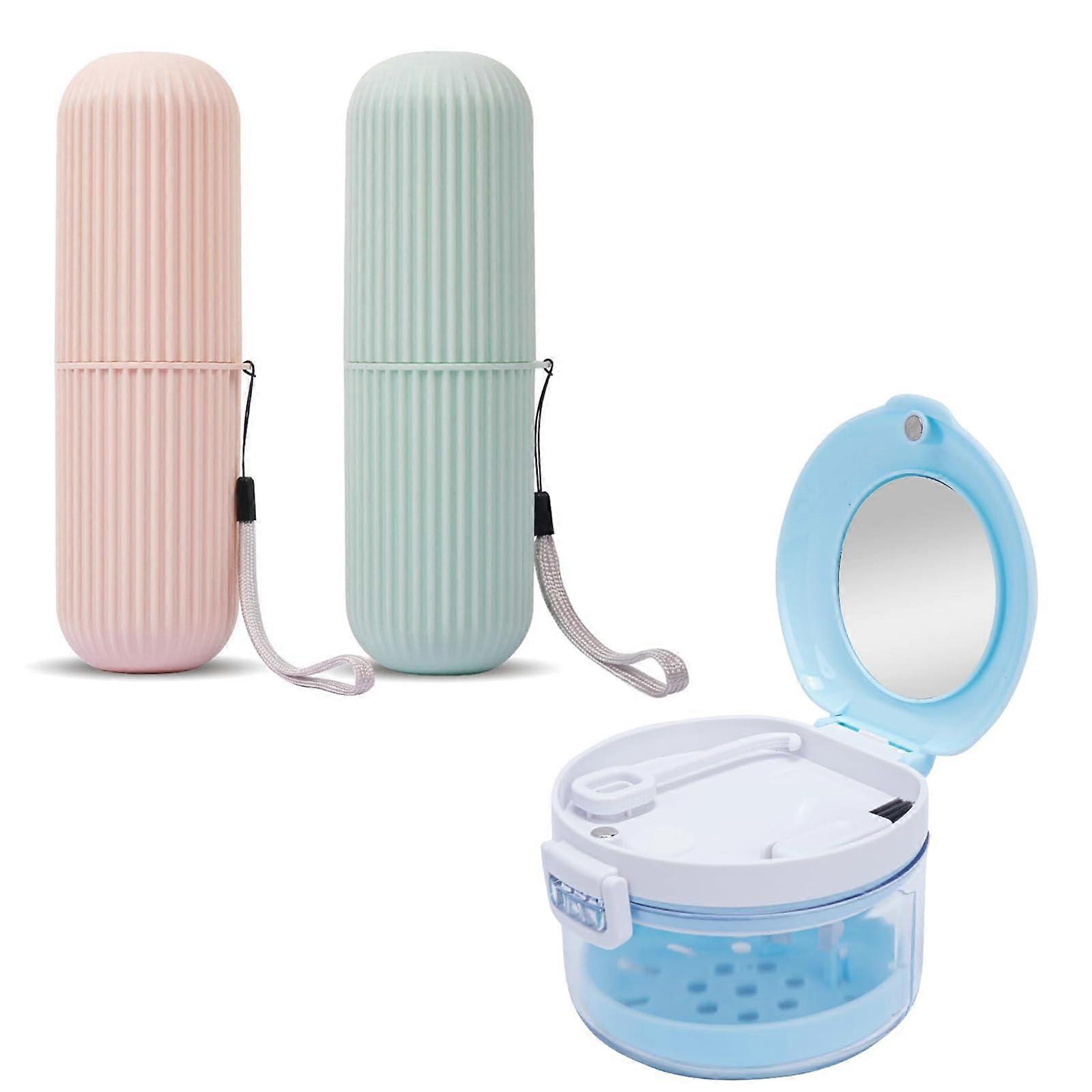 Travel Toothbrush Case with Toothpaste Holder, Compact Multipurpose Cup, 3 Pack Pink Green Blue