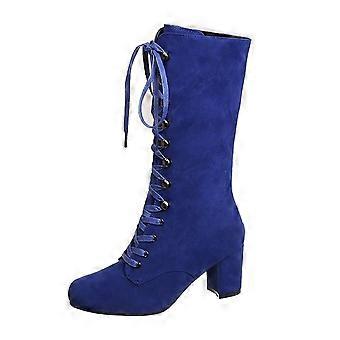 Damen-Retro-Stiefel, lässig, dick, niedriger Absatz, Übergrößen, mittelhoher Schaft, Schnürschuhe