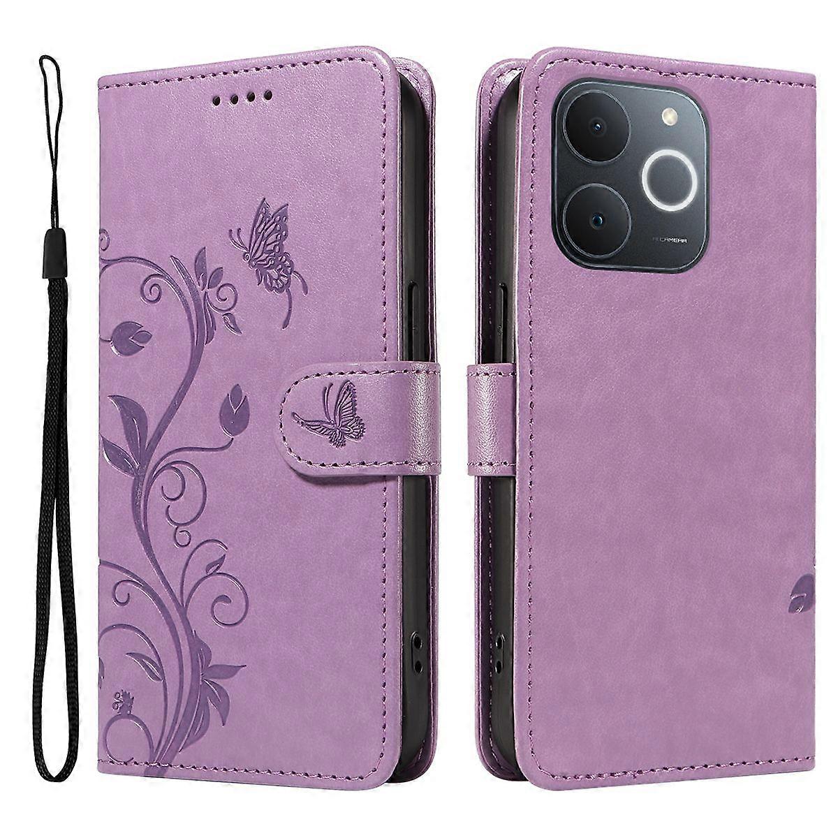 For Realme Note 70T 4G PU Leather Cases Flower Pattern Wallet Stand Phone Cover with Strap Light Purple