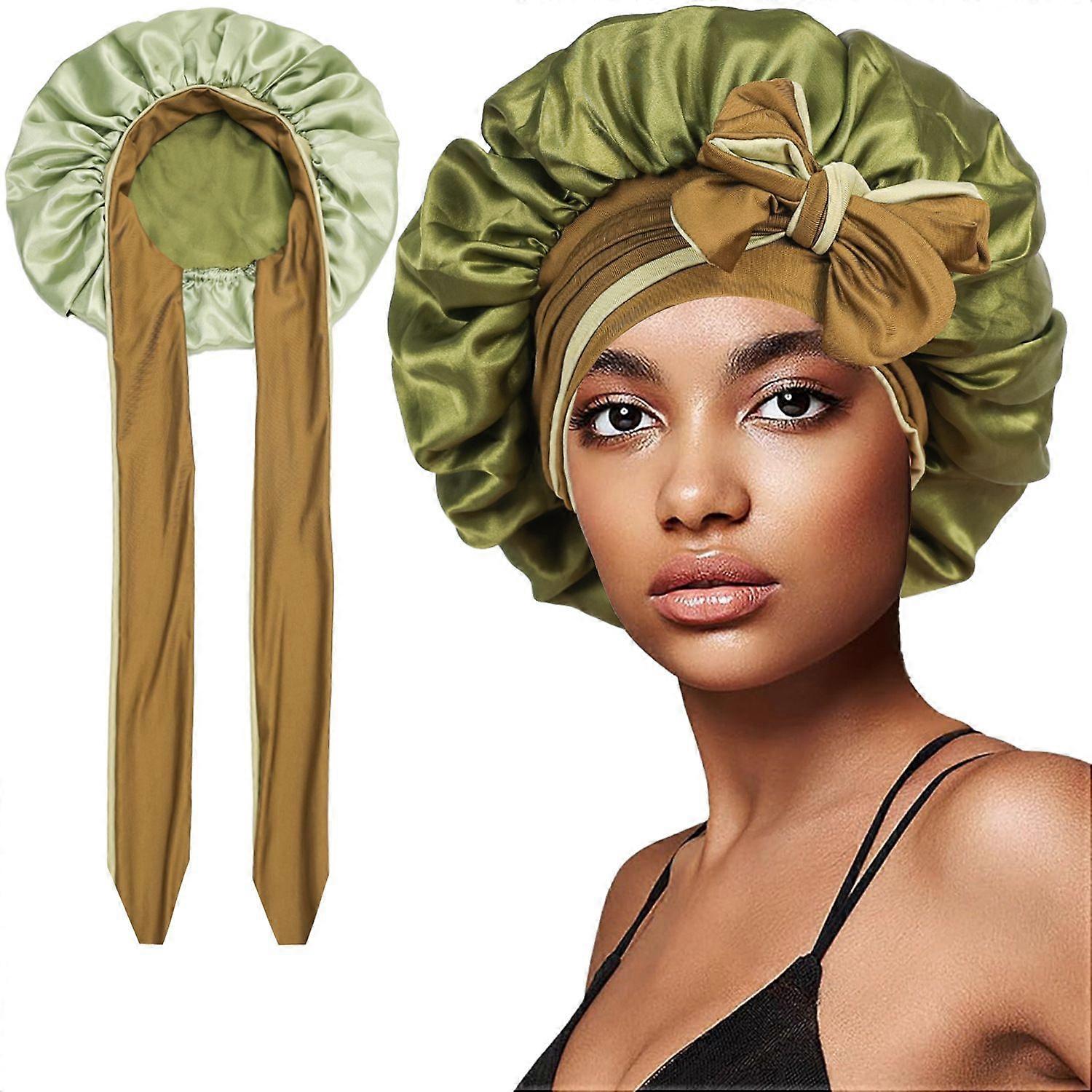 Double-Layer Satin Sleep Cap with Large Bow, Green and Beige