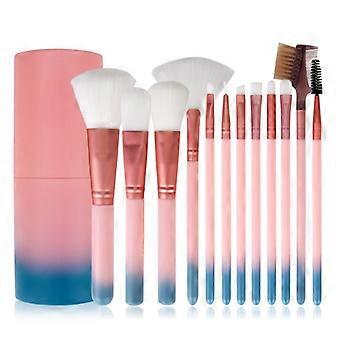 12PCS Makeup Brush Set Soft Synthetic Hair Pink Gradient Cosmetic Brushes With Holder