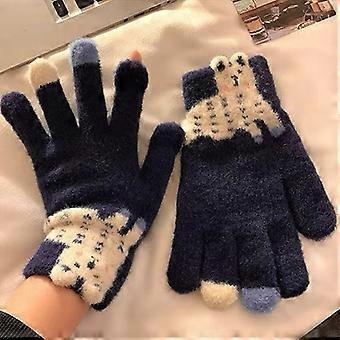 Damstickade plyschhandskar med fem fingrar och pekskärm för vintern, varma och söta designhandskar