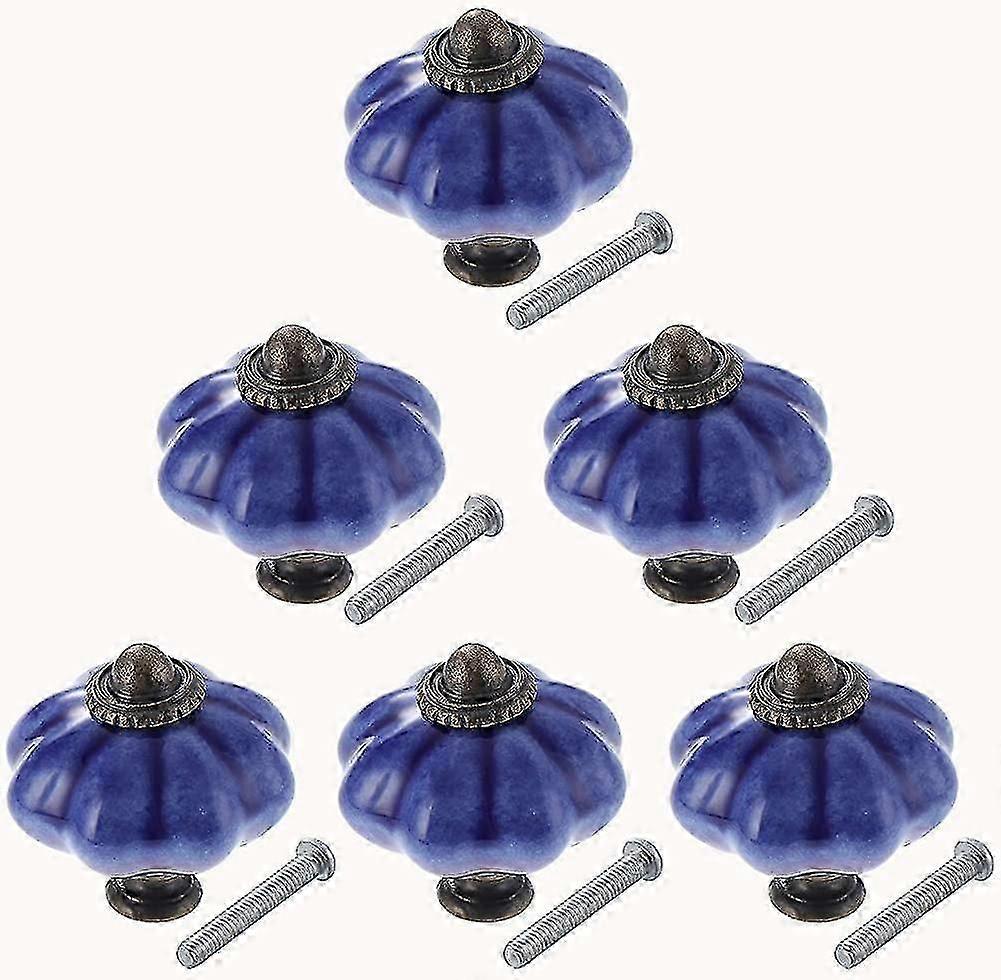 Set Of 6 Ceramic Cabinet Knobs Antique Style Pumpkin Shape Blue [MI]