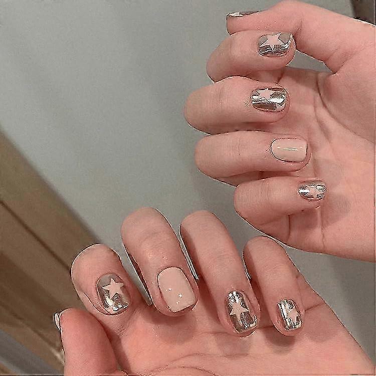 Square Pink Press On Nails Silver Star