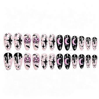 Halloween Pink Pumpkin Moon Star Glitter Press-On Nails, 24 pcs Almond False Nail Tips with Adhesive for Women and Girls
