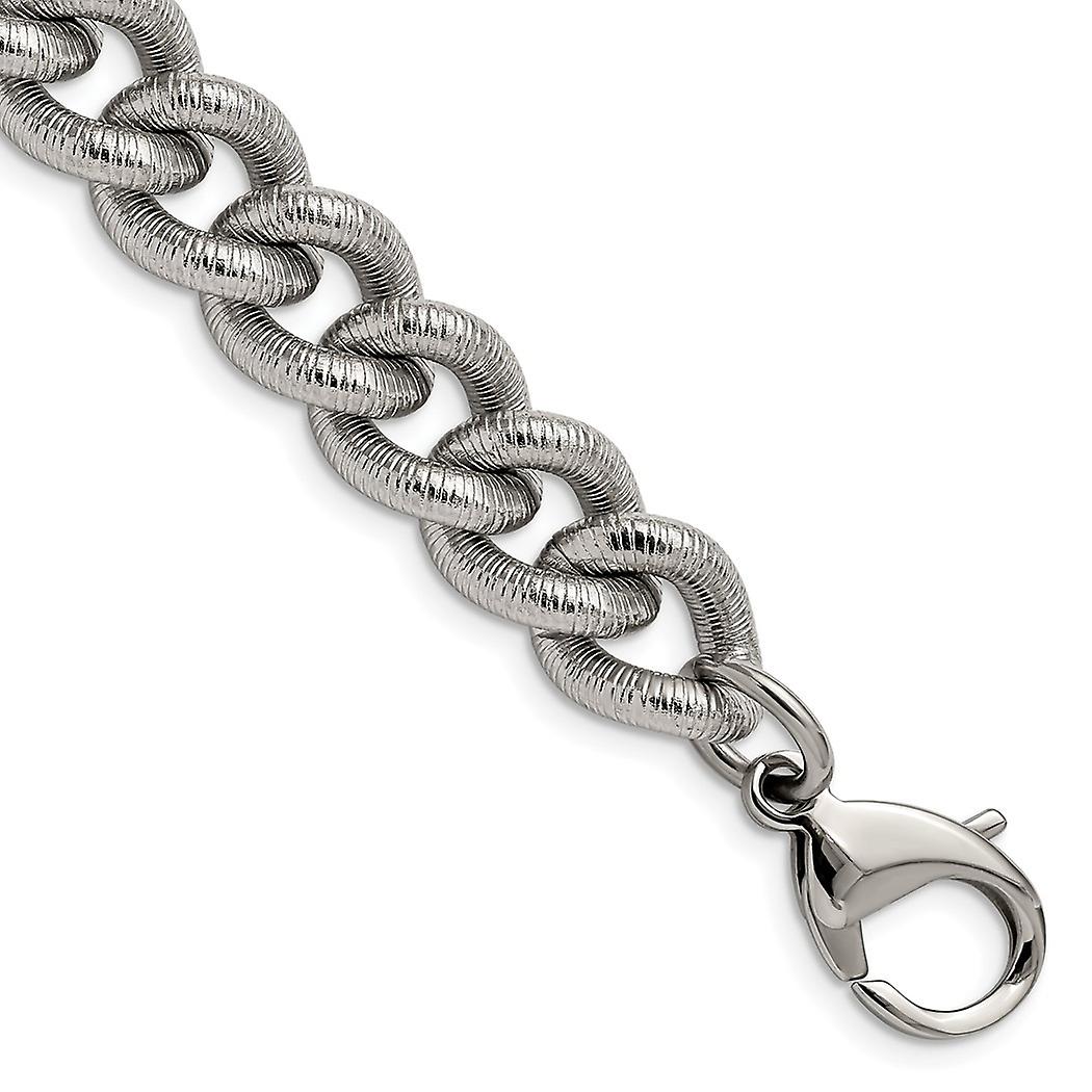 Stainless Steel Polished and Textured 14.5mm Curb Bracelet 8.25 Inch Link-Bracelet for Women