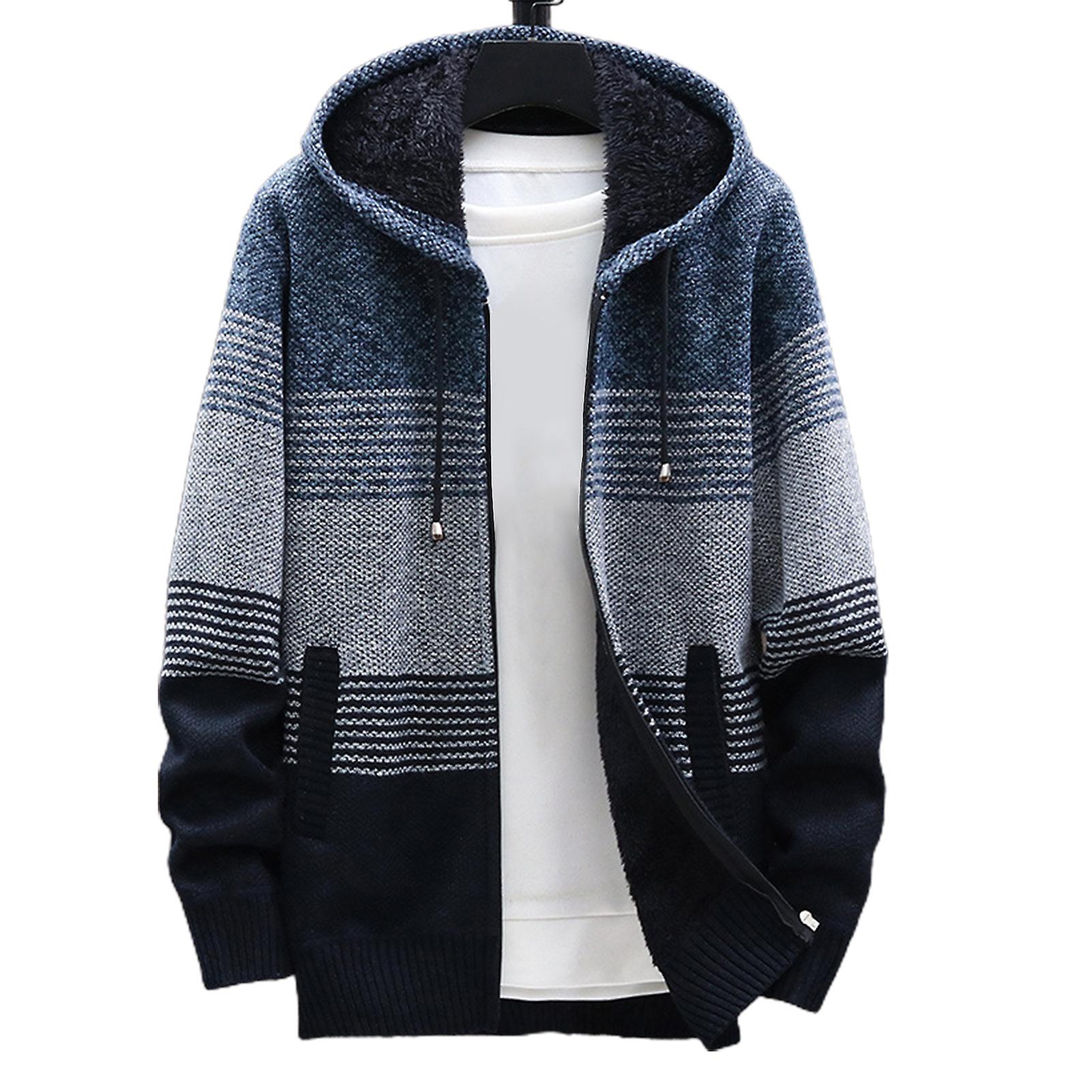 Fianao Men Knitted Coat Color Block Hooded Autumn Winter Thicken Plush Warm Cardigan Sweater