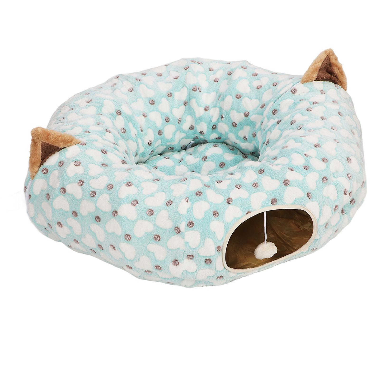 Cat Tunnel Bed with Mat Heart Pattern Round Collapsible 3 Way Cat Tube Bed with Play Ball for Cat Kitten Blue