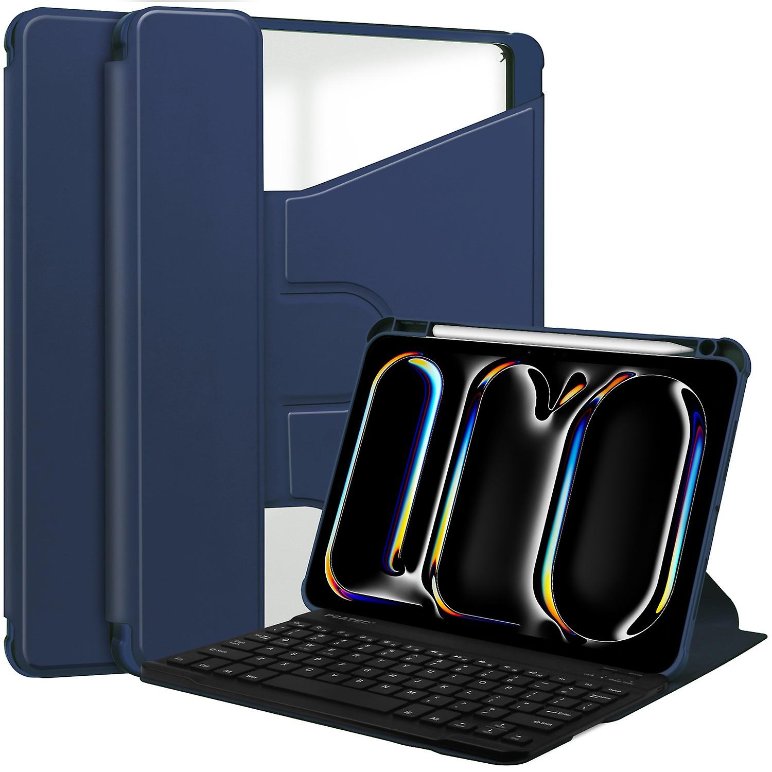 For iPad Pro 11 (2024) Case Leather+Acrylic Stand Tablet Cover with Bluetooth Keyboard - Dark Blue