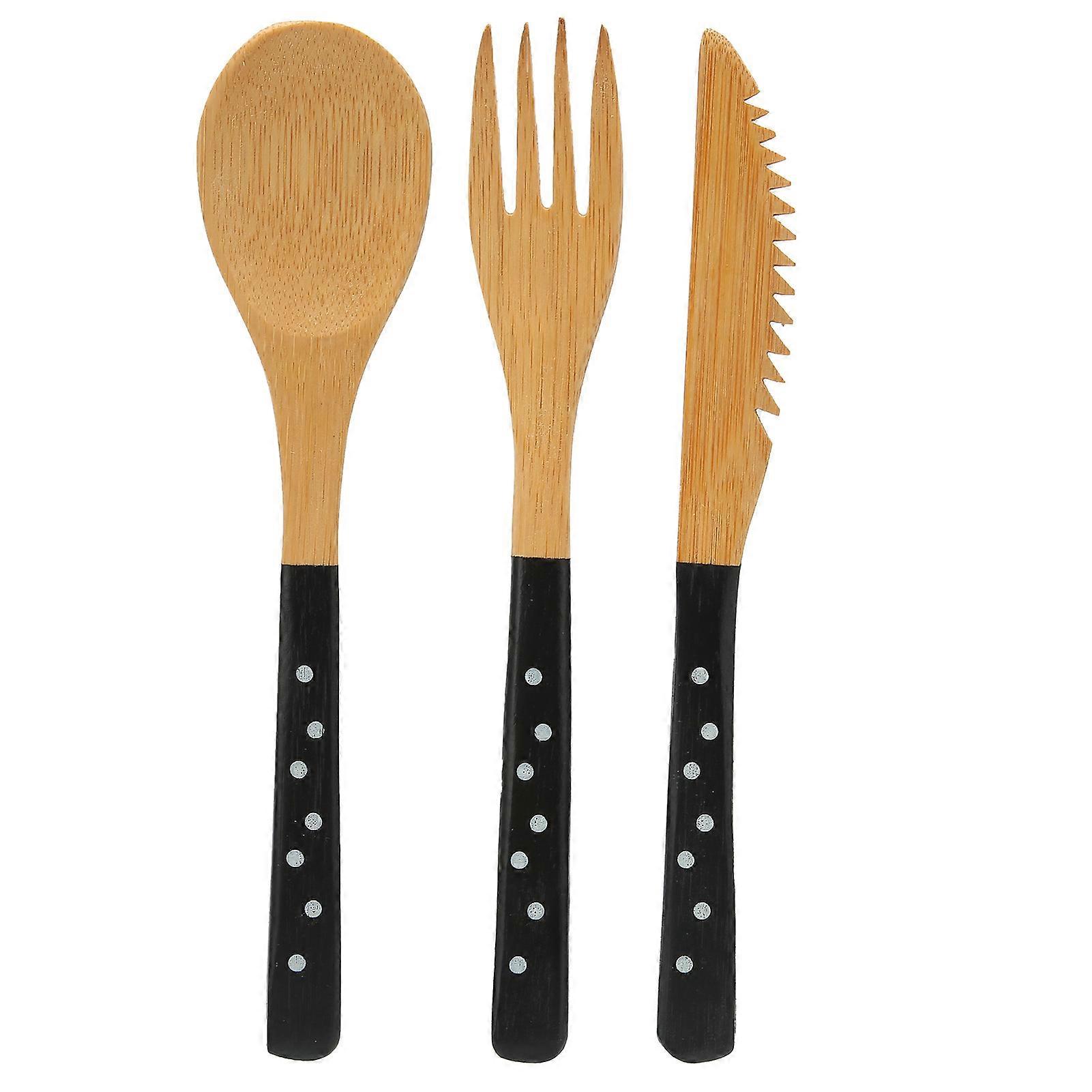 3Pcs Fork Spoon Knife Set with Dot Pattern Kitchen Tableware for Home School RestaurantBlack Dot
