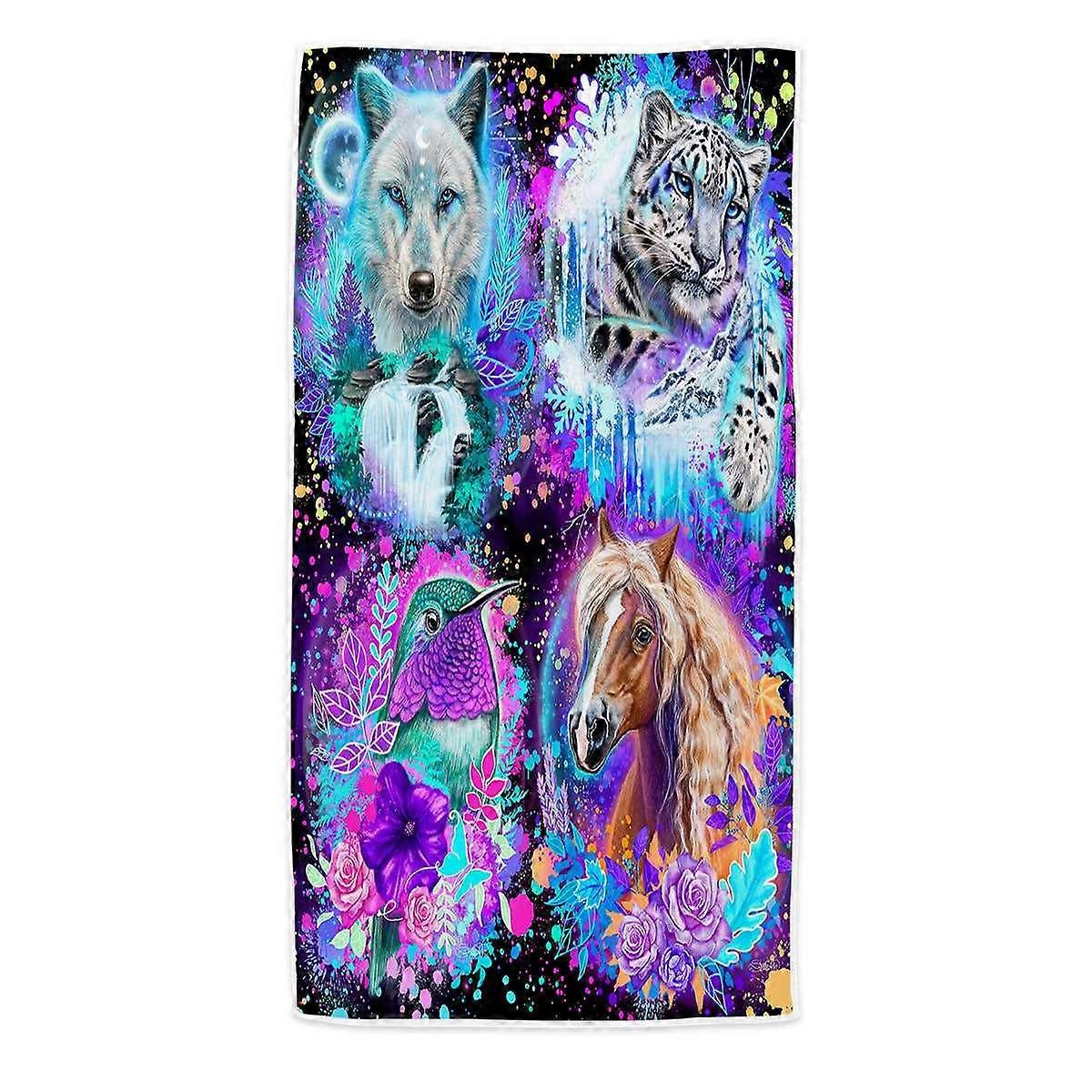 Wolf Horse Leopard Hummingbird Animal Collage Microfiber Beach Towel