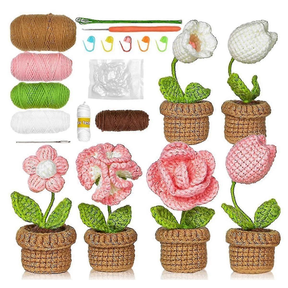 Beginner Crochet Kit-6 Pcs Easy Crochet Flower For Adult With Video Tutorial Potted Plants For Home G