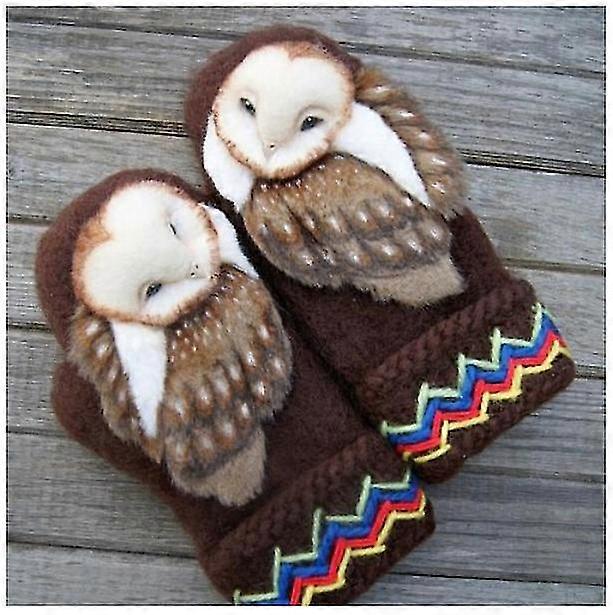 Handgestrickte Fäustlinge aus Wolle mit Eulen -Gr.11713
