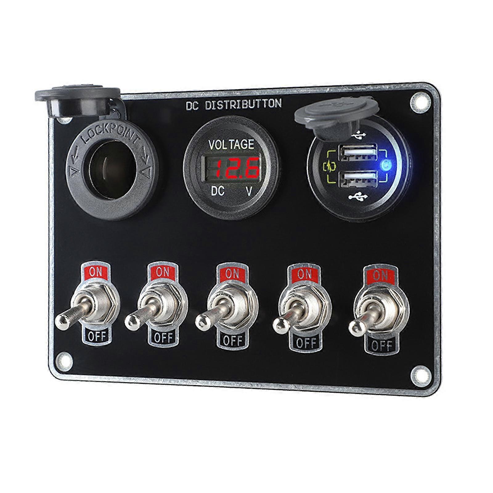 Car 5 Gang Boat Switch Panel Waterproof Dual USB Multi-Function Red Light